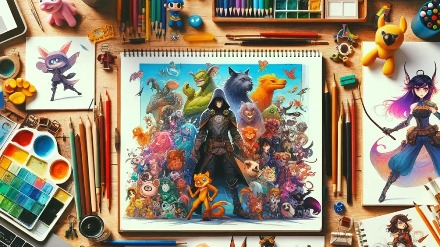 Escritorio con multitud de lápices de colores y bocetos de personajes de videojuego