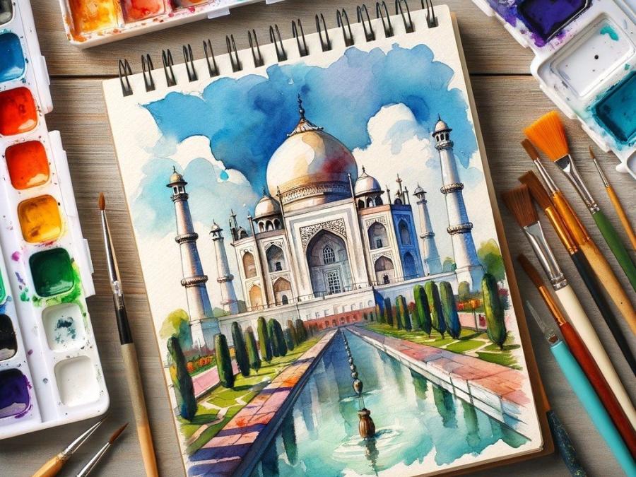 Dibujo en acuarela del Taj Majal y sus jardines