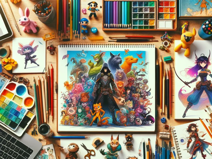 Escritorio con multitud de lápices de colores y bocetos de personajes de videojuego