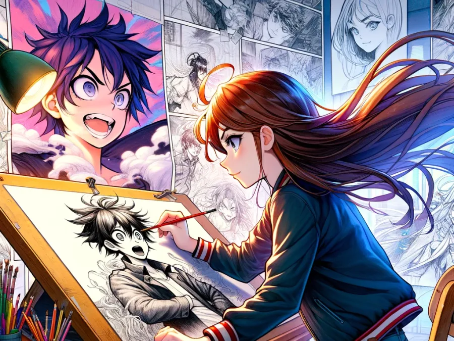 Ilustración manga de una chica dibujando a un chico manga